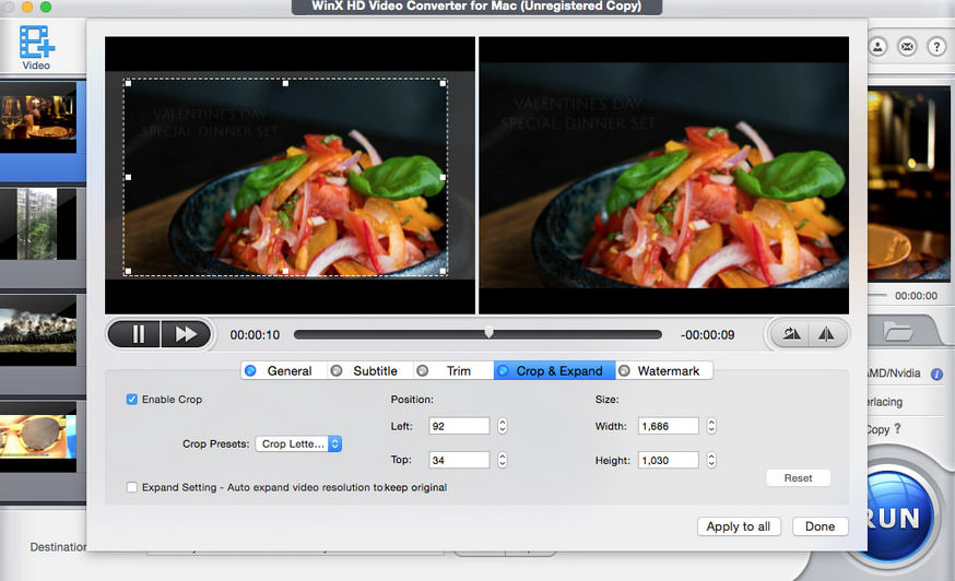 WinX Video Converter interface for Mac showing video options