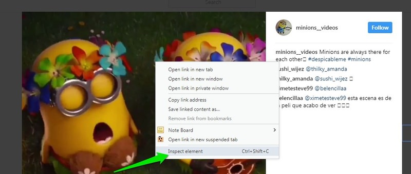 Inspecting element of Instagram video in a web browser