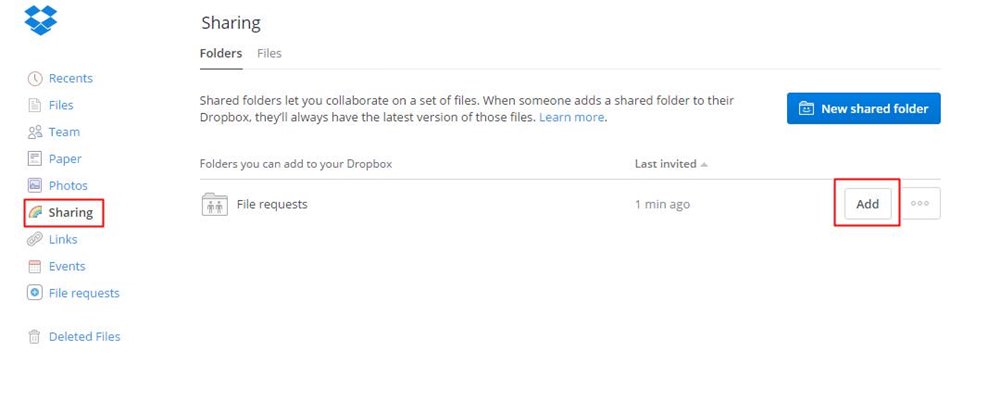 Adding a previously shared folder in Dropbox