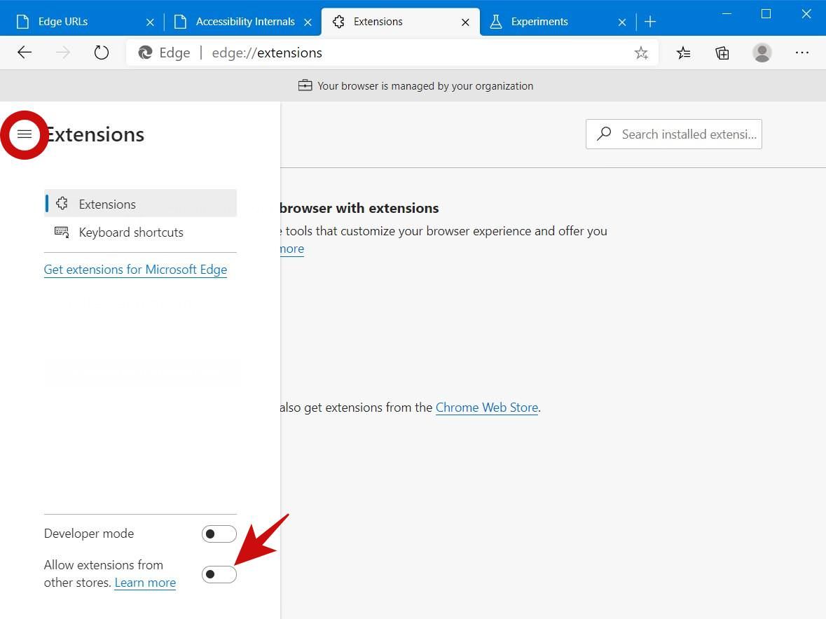 Разрешить расширения из других магазинов в Edge