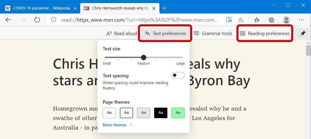 Immersive Reader preferences in Edge