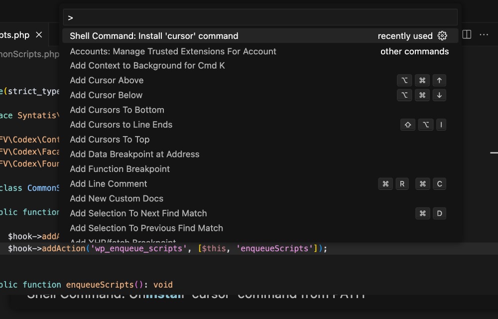 Installing Cursor CLI command through command palette