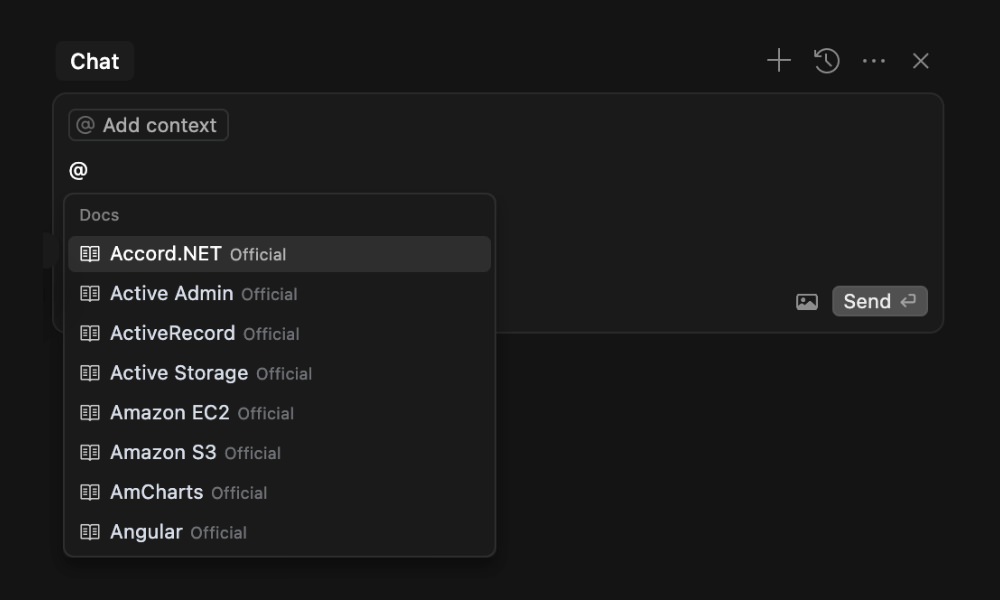 Searching for documentation using @docs command in Cursor
