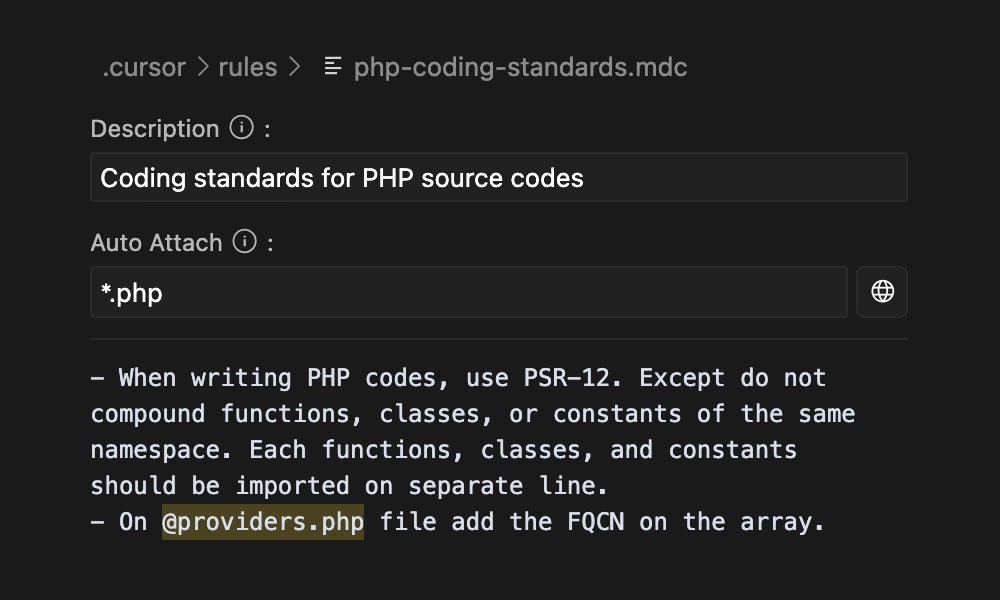 Setting up PSR-12 coding standards in Cursor AI rules