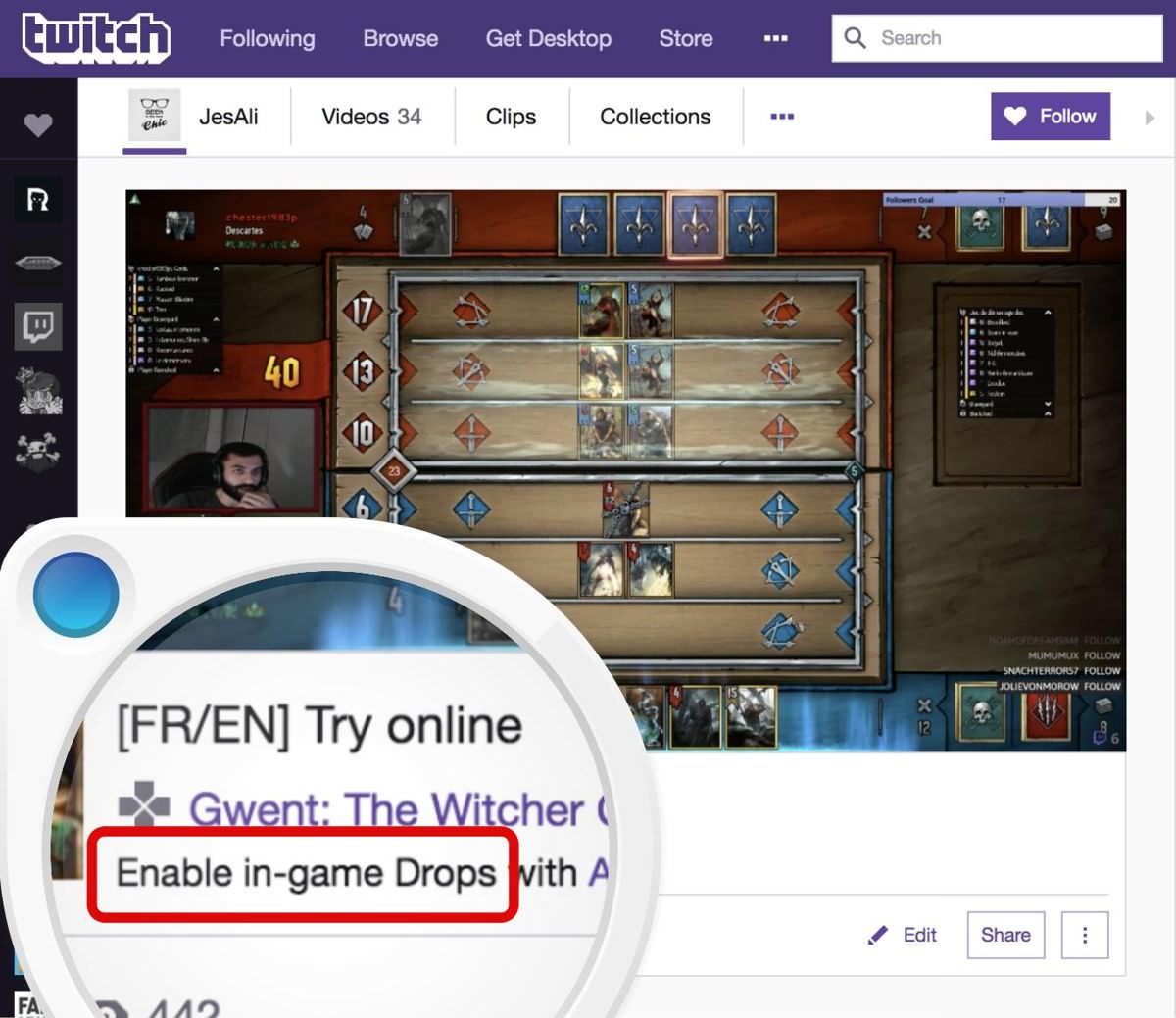 Demonstration of locating Drops on a Twitch channel page