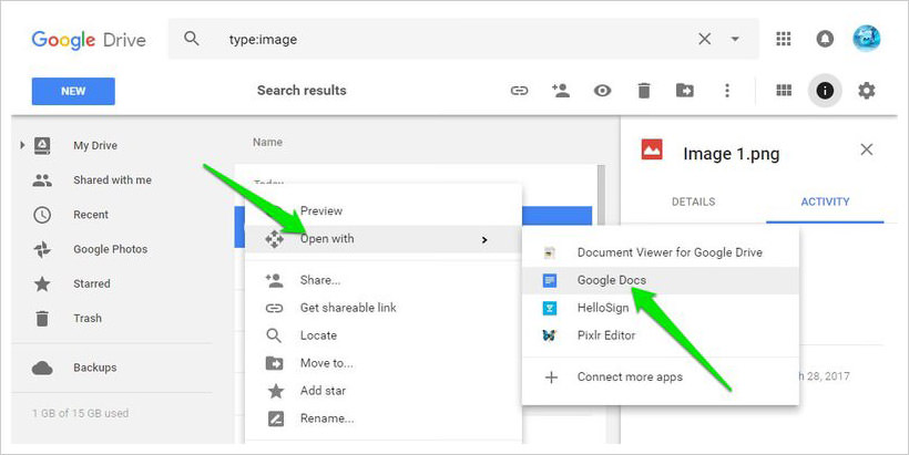 Google Docs interface after OCR processing