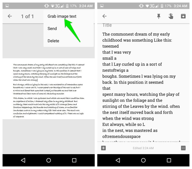 Google Keep OCR functionality