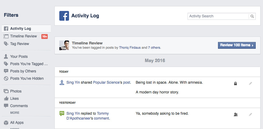 Facebook Activity Log