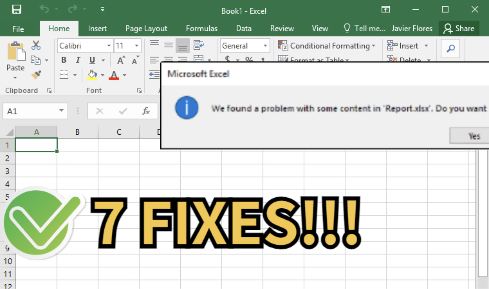 Excel error message displayed on screen