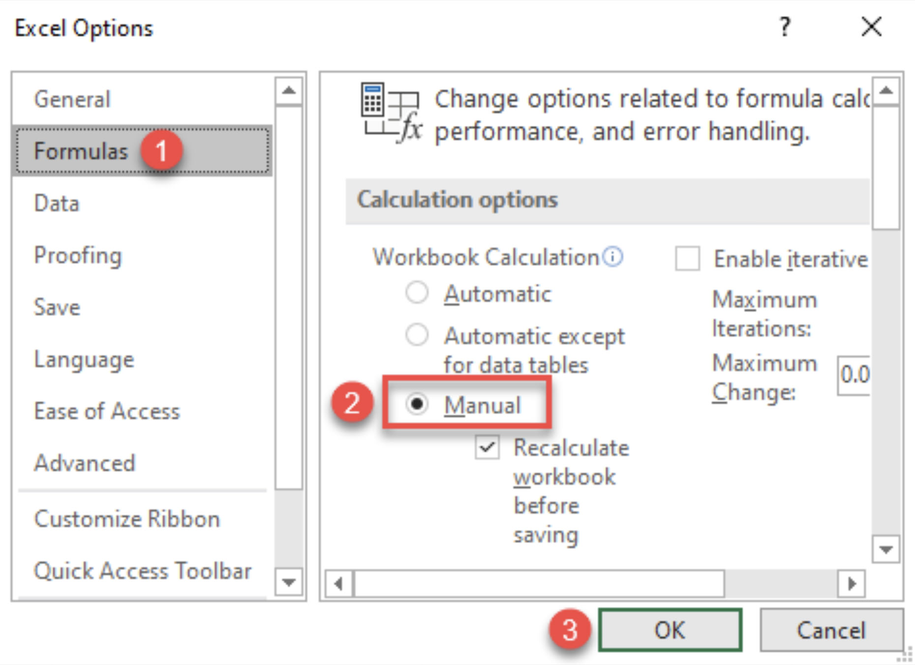 Guide for switching calculation options to manual in Excel