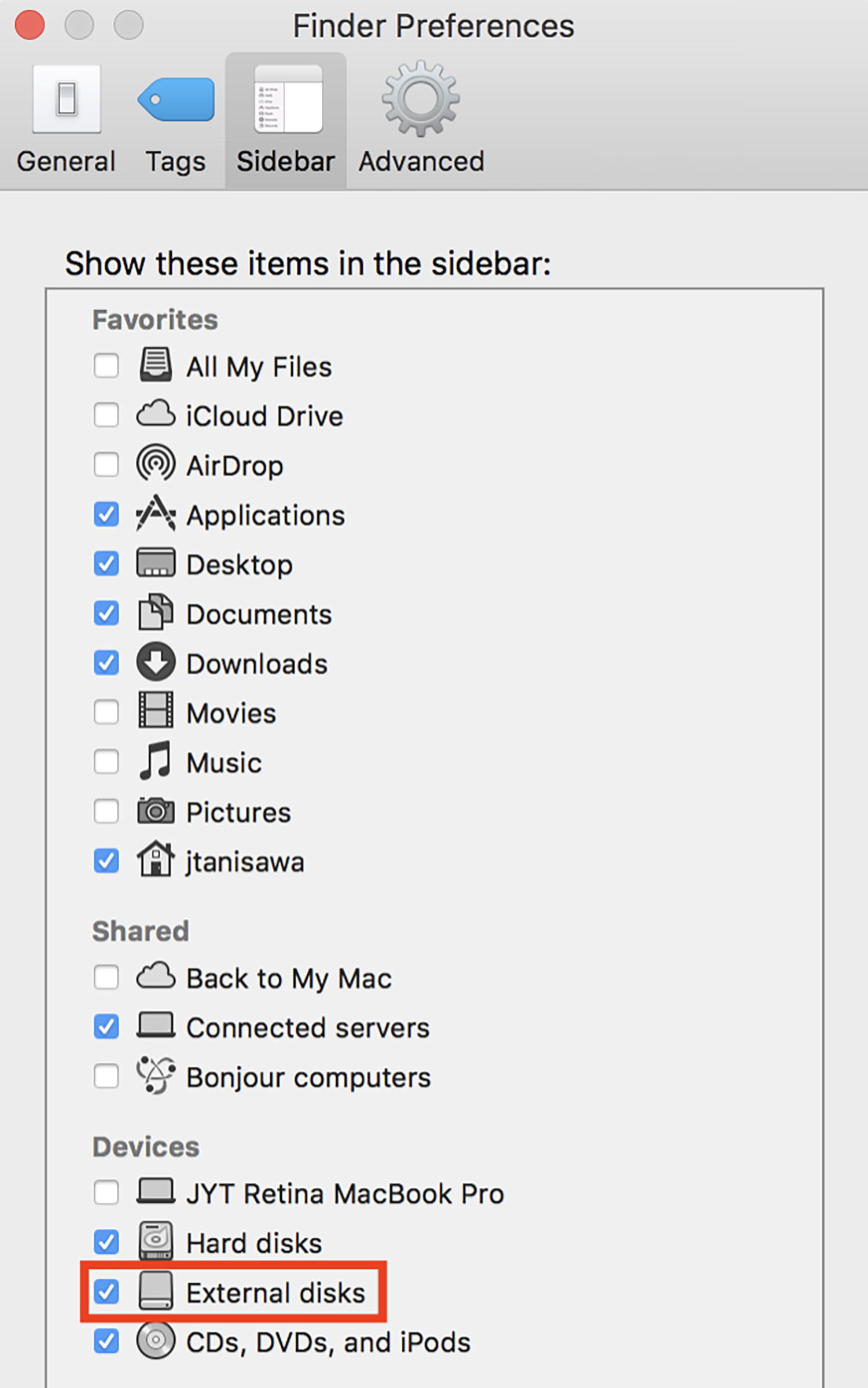 External Disks Enabled in Finder Sidebar