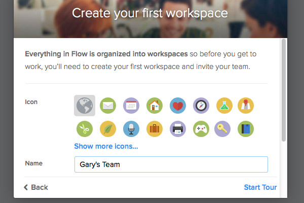 flow tour signup create new workspace