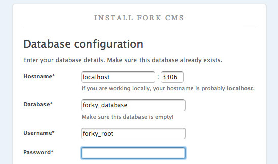 Install Fork CMS database settings - MySQL user and hostname