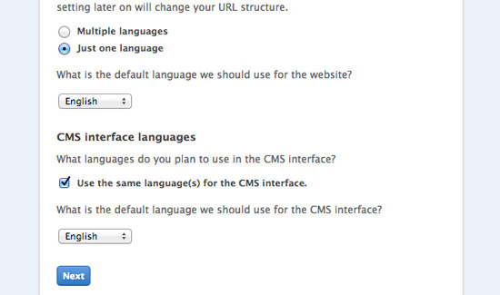 Install Fork CMS step 1 - language configuration