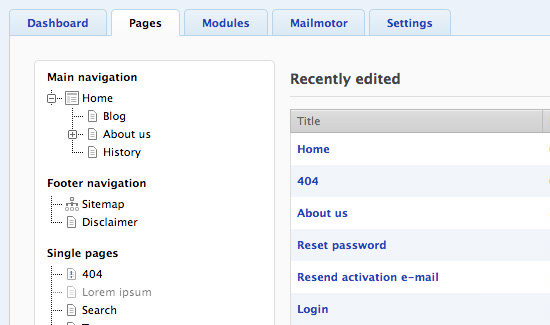 Fork CMS pages management dashboard admin panel private