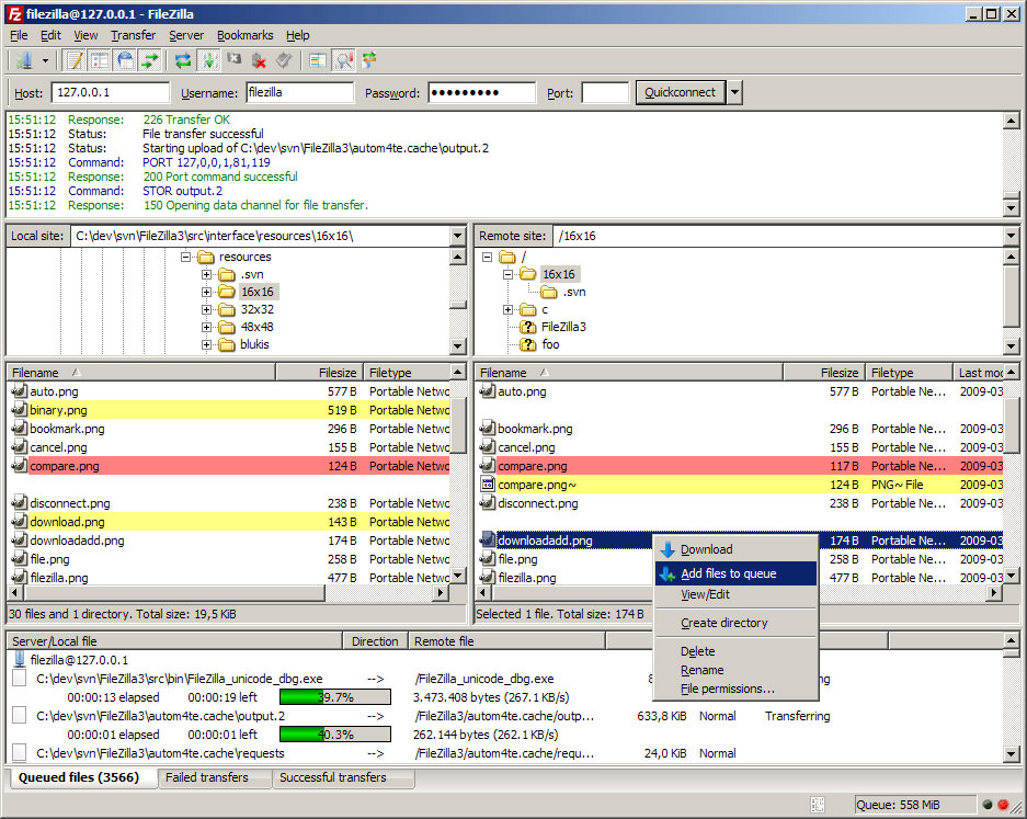 Screenshot of FileZilla, a versatile FTP client