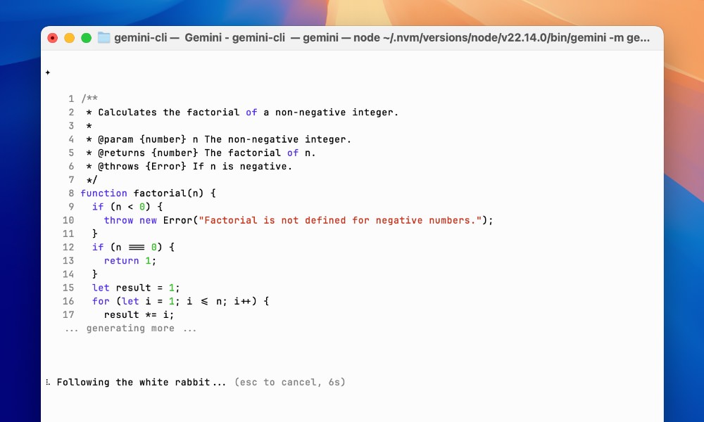 Gemini CLI generating Node.js factorial function code example