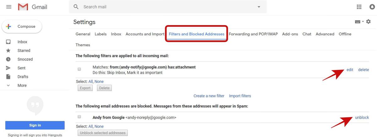 Reviewing Filters and Blocked Addresses in Gmail