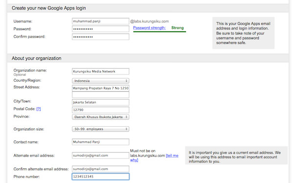 Google Apps registration form