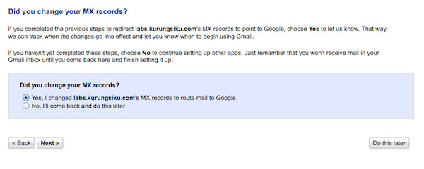 Returning to Google Apps Dashboard for Gmail setup