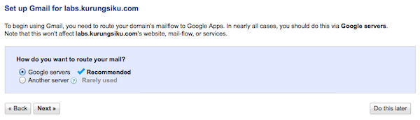 Setting up Gmail on Google Servers