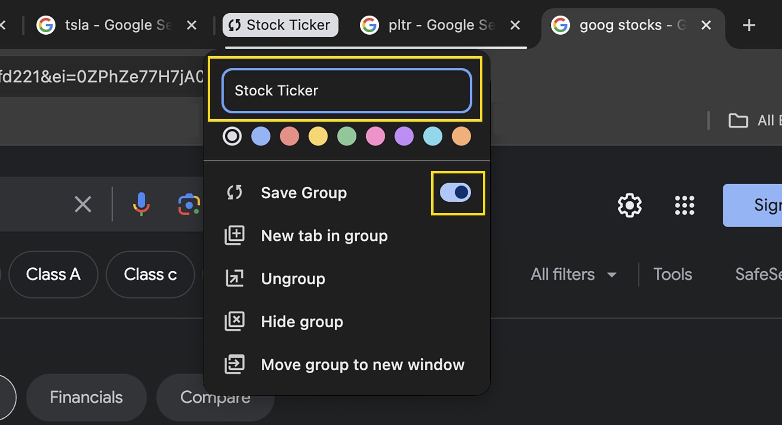 Naming and saving a new tab group