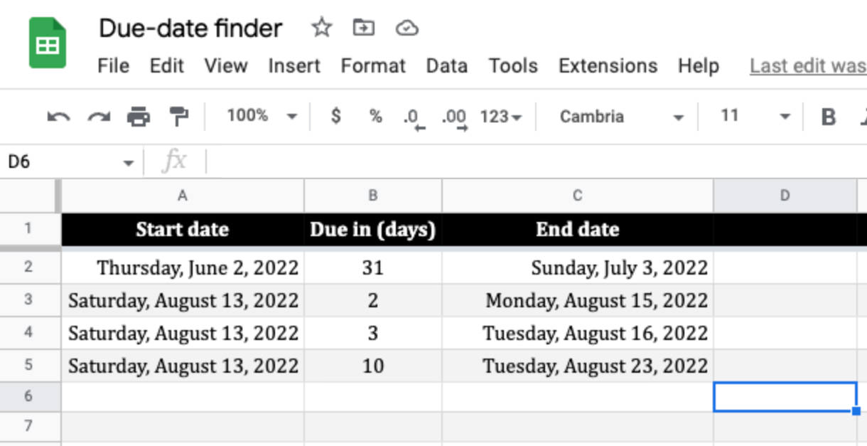 assignment due date spreadsheet google sheets