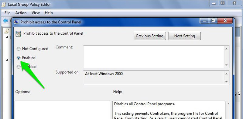 enable prohibit control panel