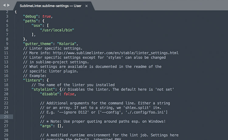 Custom user settings in SublimeLinter 4