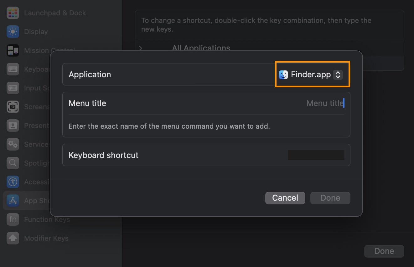 Choosing Finder in the Application dropdown for keyboard shortcuts