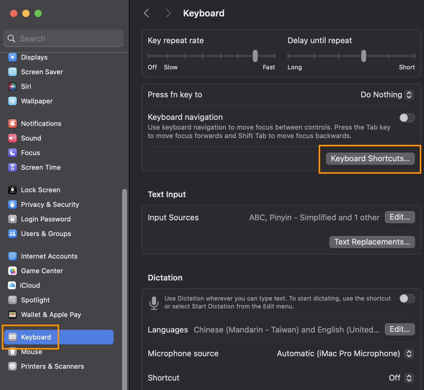 Navigating to keyboard shortcuts in System Settings on macOS