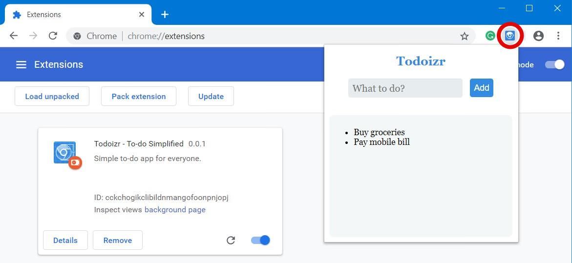Click the Todoizr's icon in Google Chrome