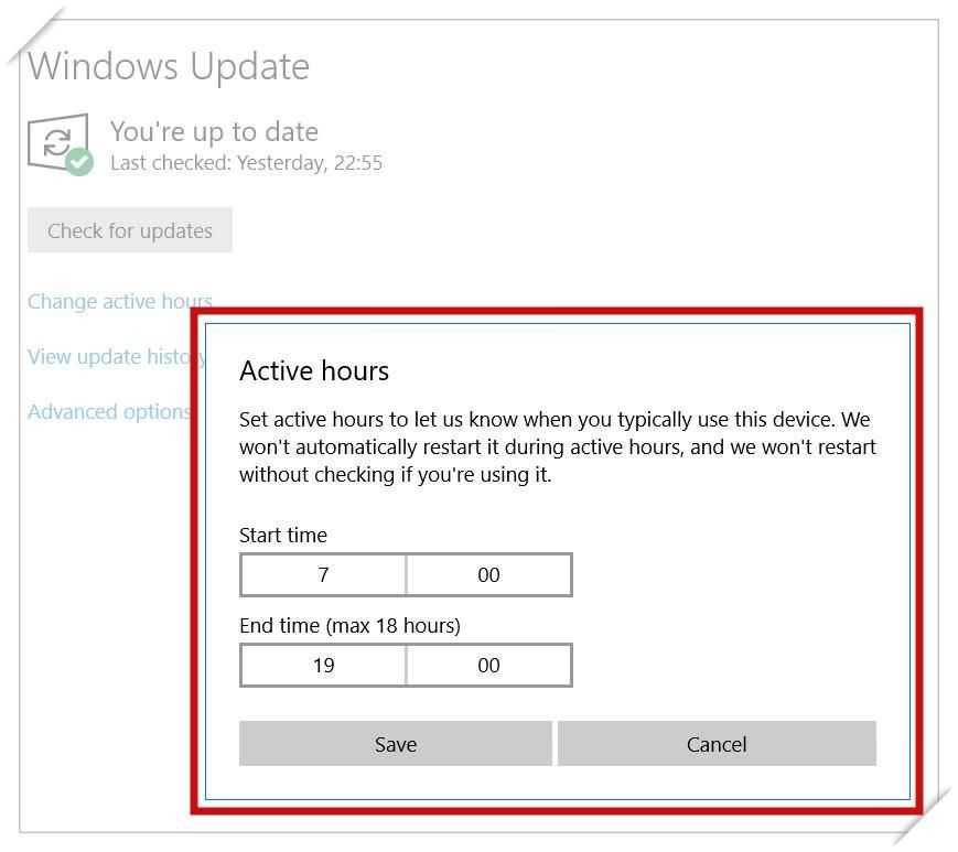 Change active update hours in Windows 10