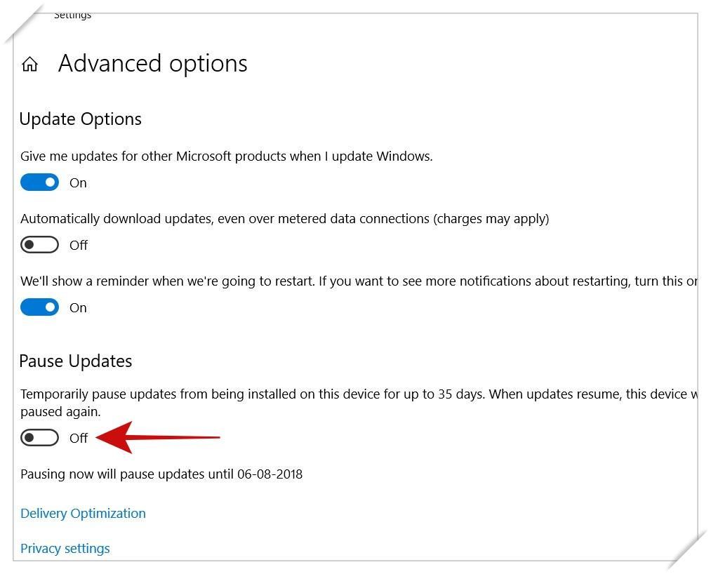 Pause updates in Windows 10