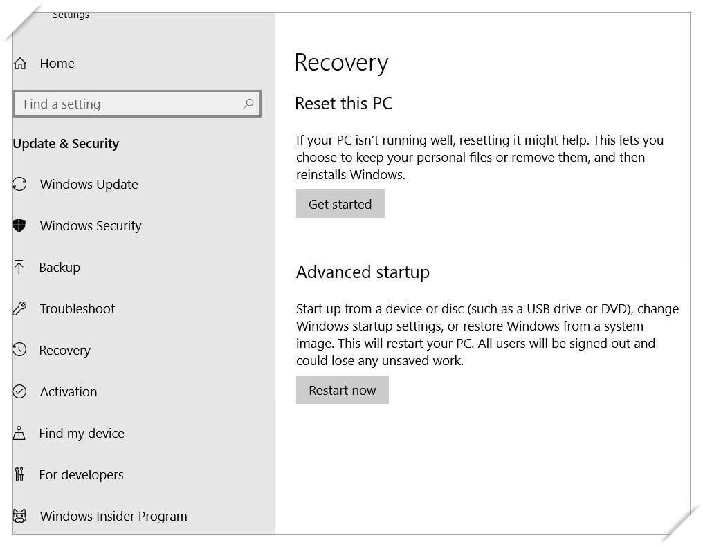 Recovery options in Windows 10