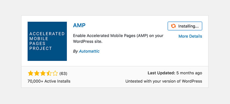 AMP, developed by Automattic, in WordPress plugin search result.