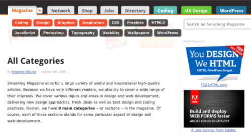 Smashing Magazine categories example