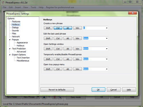 phraseexpress open settings