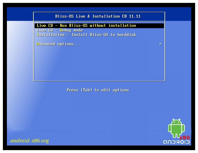 The boot menu of Bliss OS