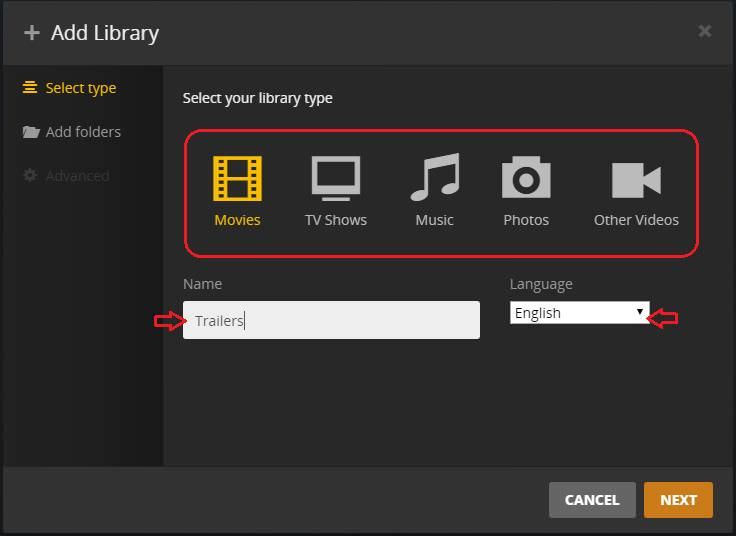 Selecting library type in Plex