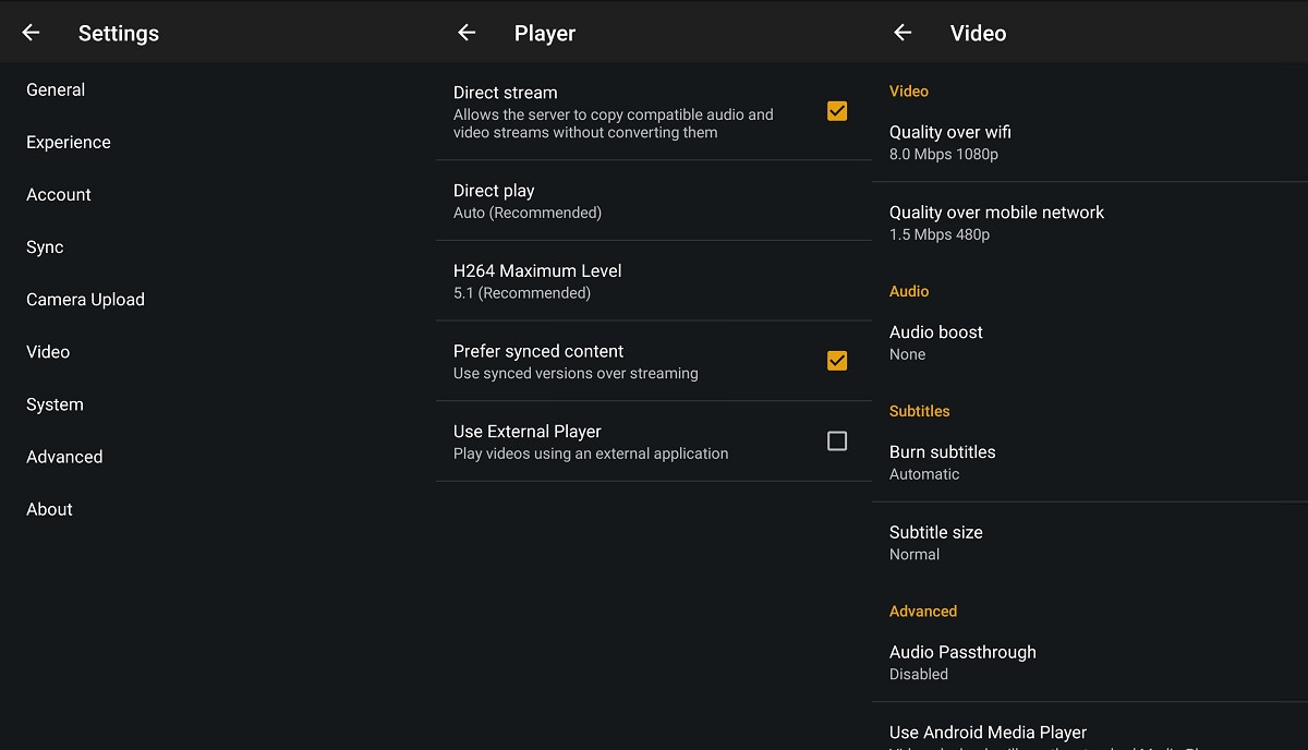 Settings in Plex for Android