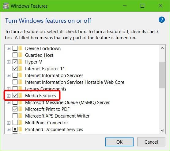 Configure Windows Features in Windows 10