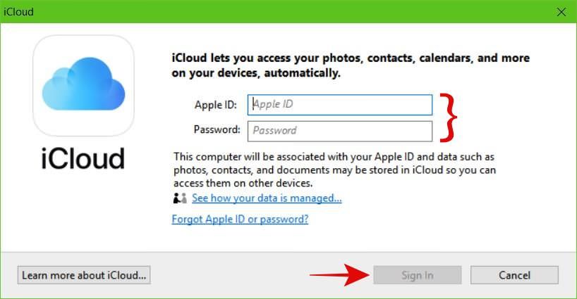 Log in to iCloud on Windows with your Apple ID