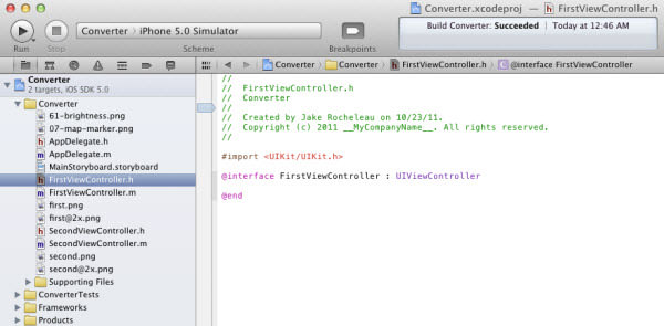 FirstViewController.h design in Xcode