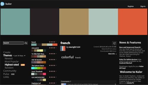 Adobe Kuler online app homepage