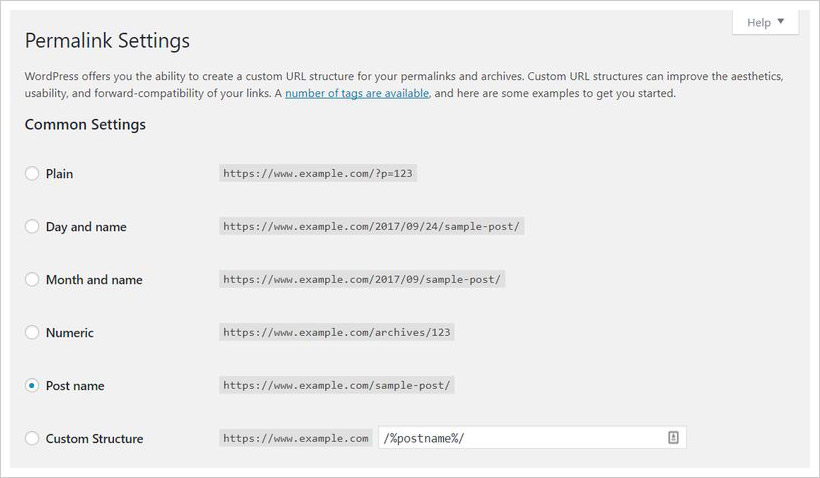 WordPress Admin Permalink Settings