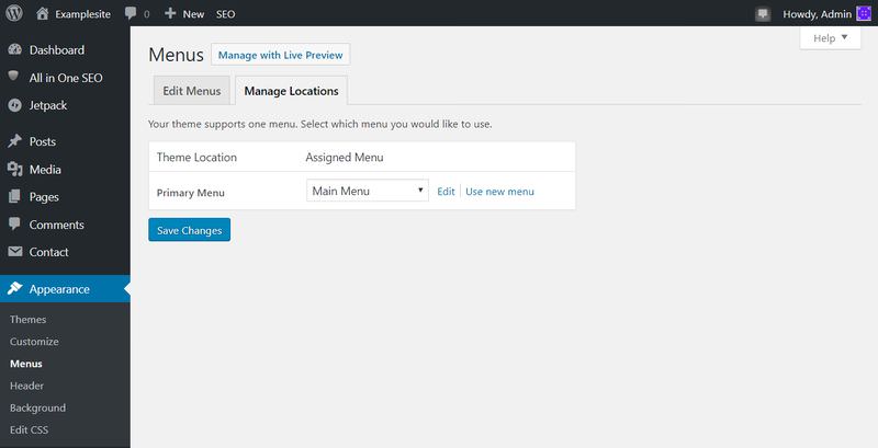 WP Admin Manage Menu Locations page