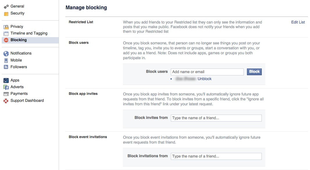 Facebook Manage Blocking Section