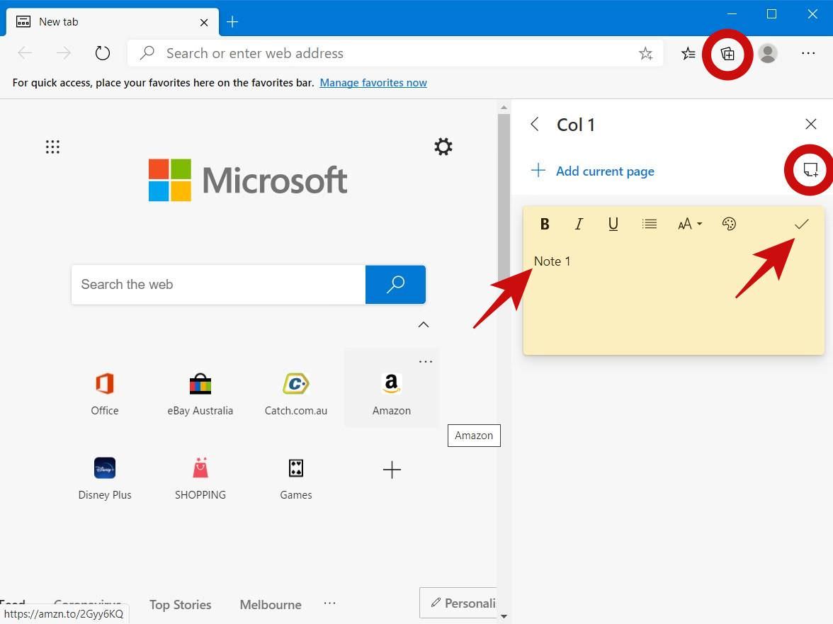 Add a custom note to Edge's Collections