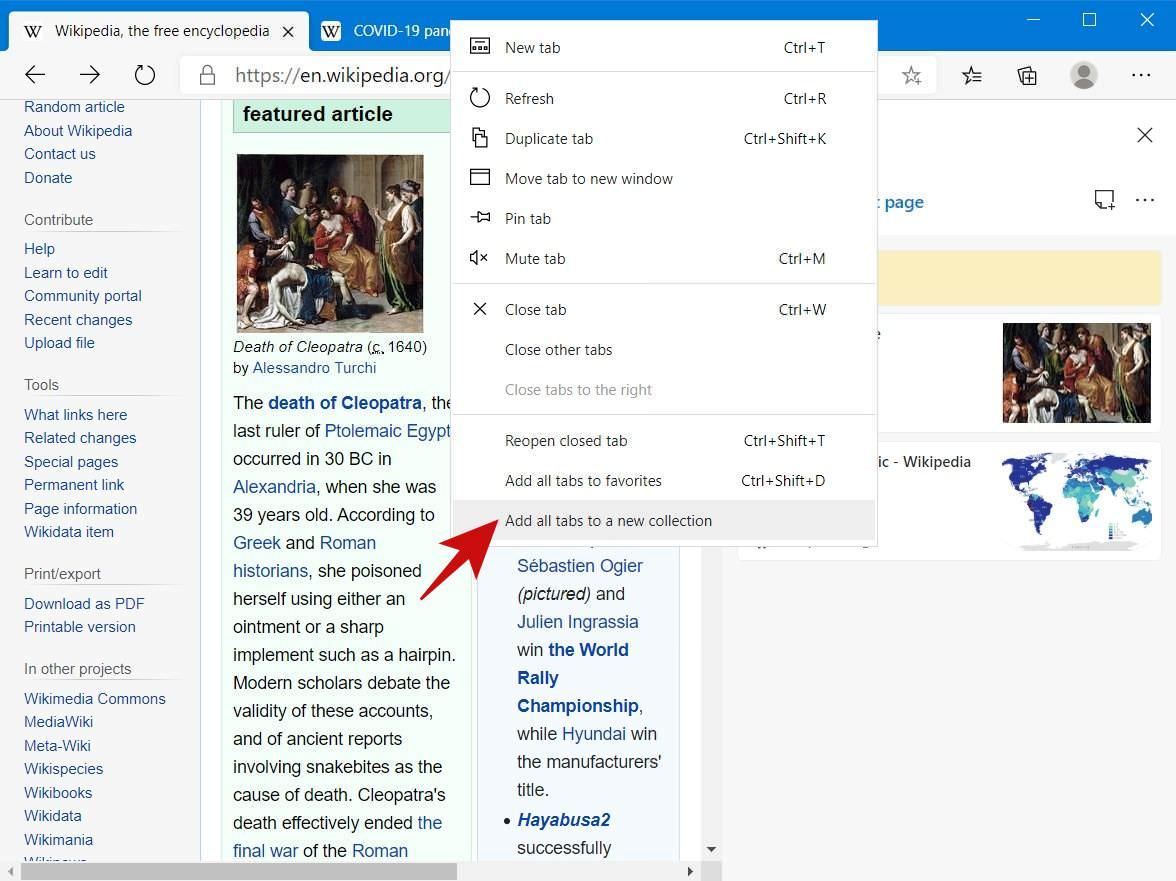 Add all opened pages to Edge's Collections